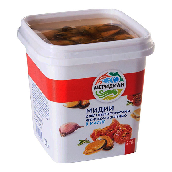 картинка Мидии 270г в масле с томатами чесноком и зеленью /Меридиан/ от магазина Салова Фиш
