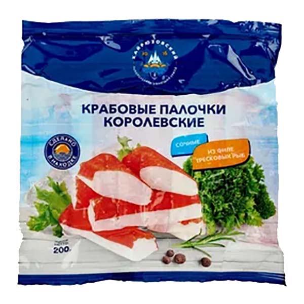картинка Крабовые палочки "Королевские" 200/50 1/10кг "РПК Хайрюзовский" от магазина Салова Фиш
